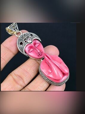Pinky coral Namaste face and Silver Pendant